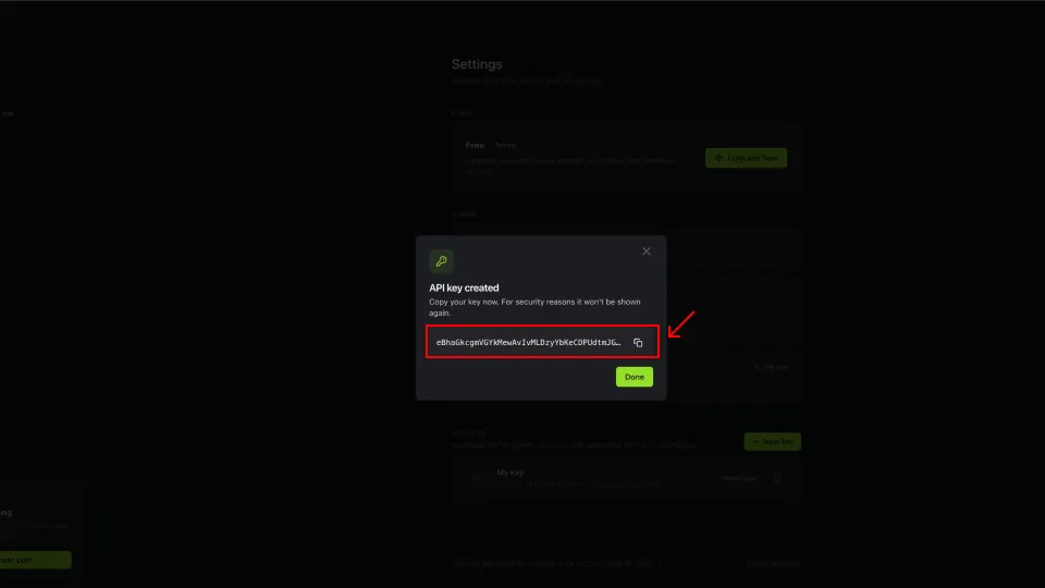API key created, Copy now