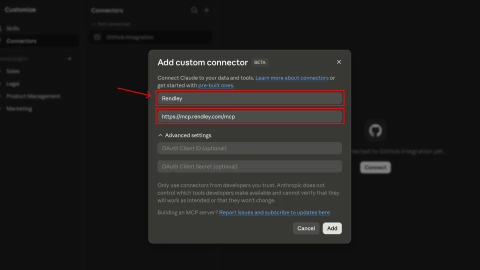 Add custom connector, name and URL