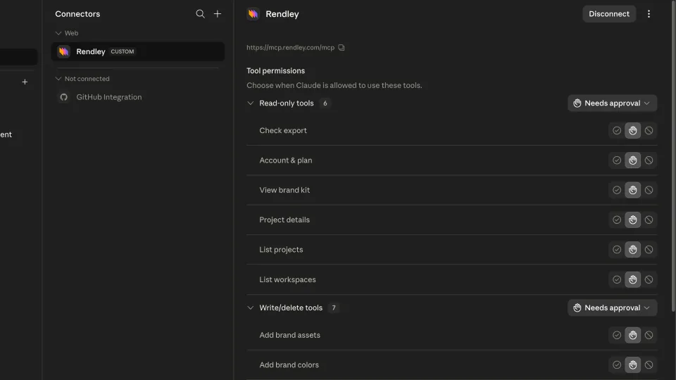 Rendley, tool permissions