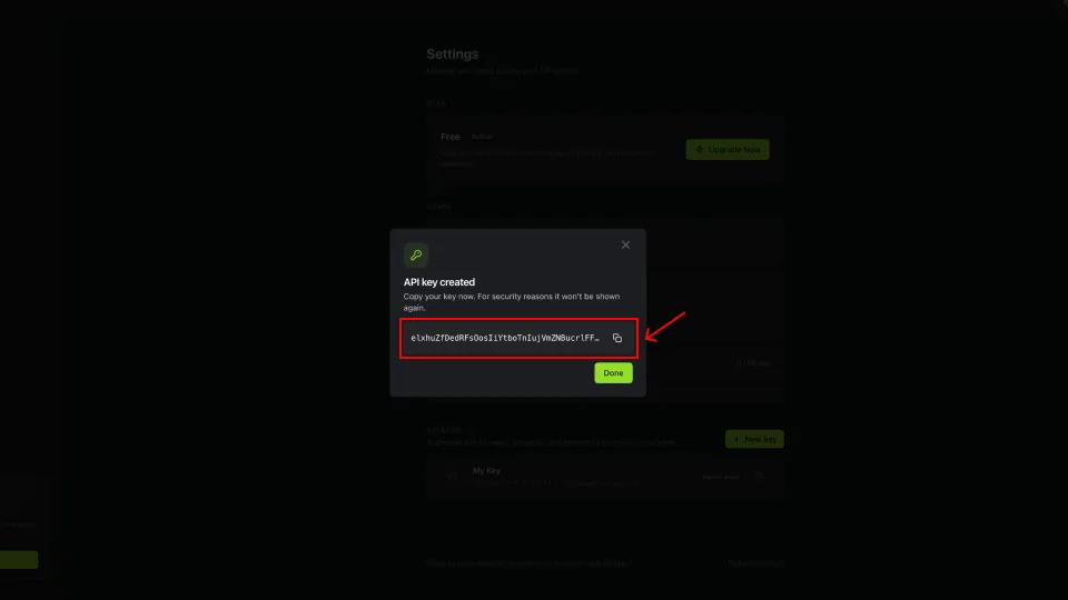 API key created, Copy now
