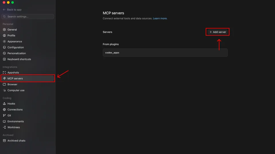 Settings, MCP servers, Add server
